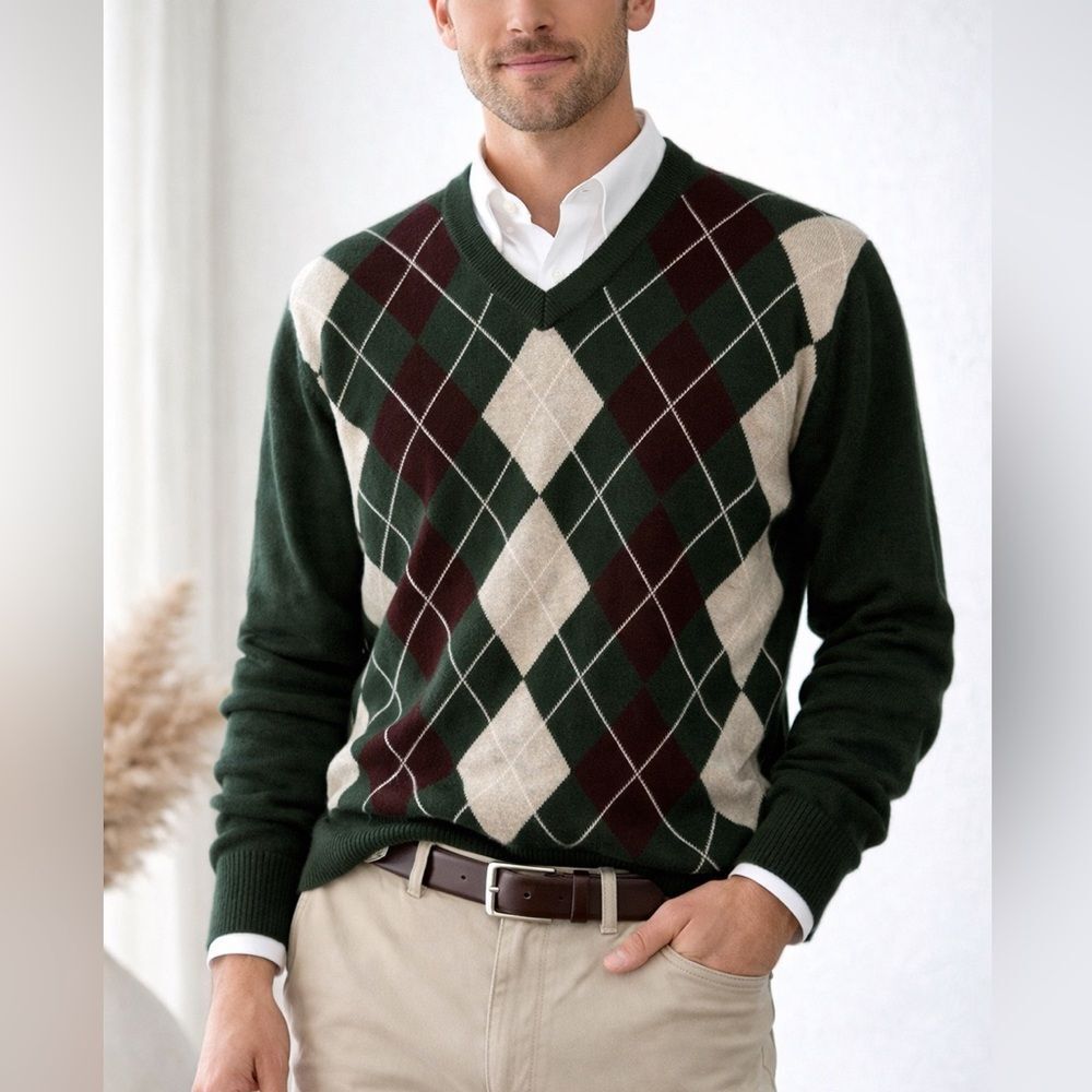 Joseph & Lyman 100% Cashmere Argyle V-Neck Sweater Green/Brown Cream M